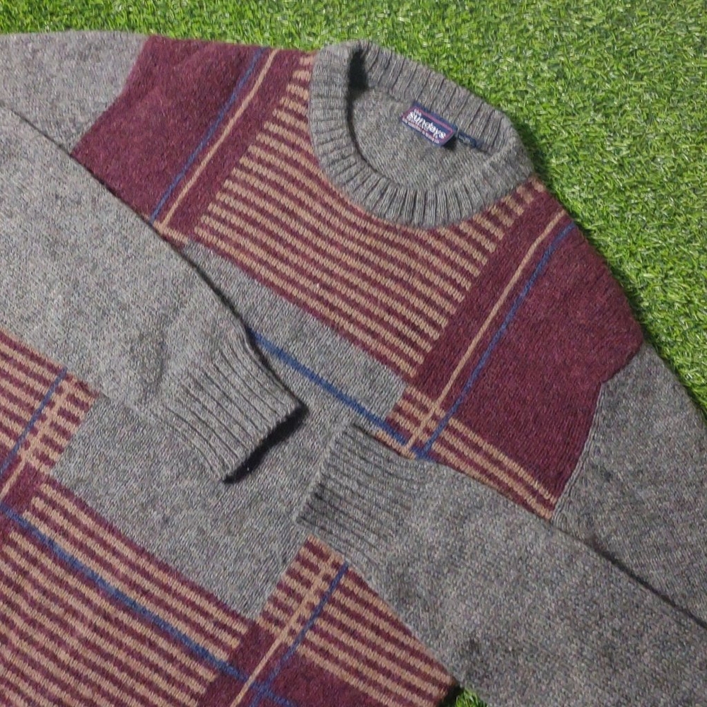 VINTAGE CREWNECK SWEATER WOOL BLEND KNIT PATTERN PLAID MULTICOLOR 80s 90s